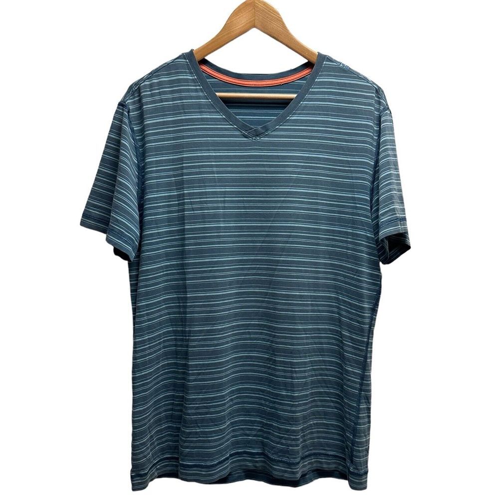 Lululemon Mens Sz Large 5 Year Basic V-Neck Tee T-Shirt Teal Blue Stripe S/S euc